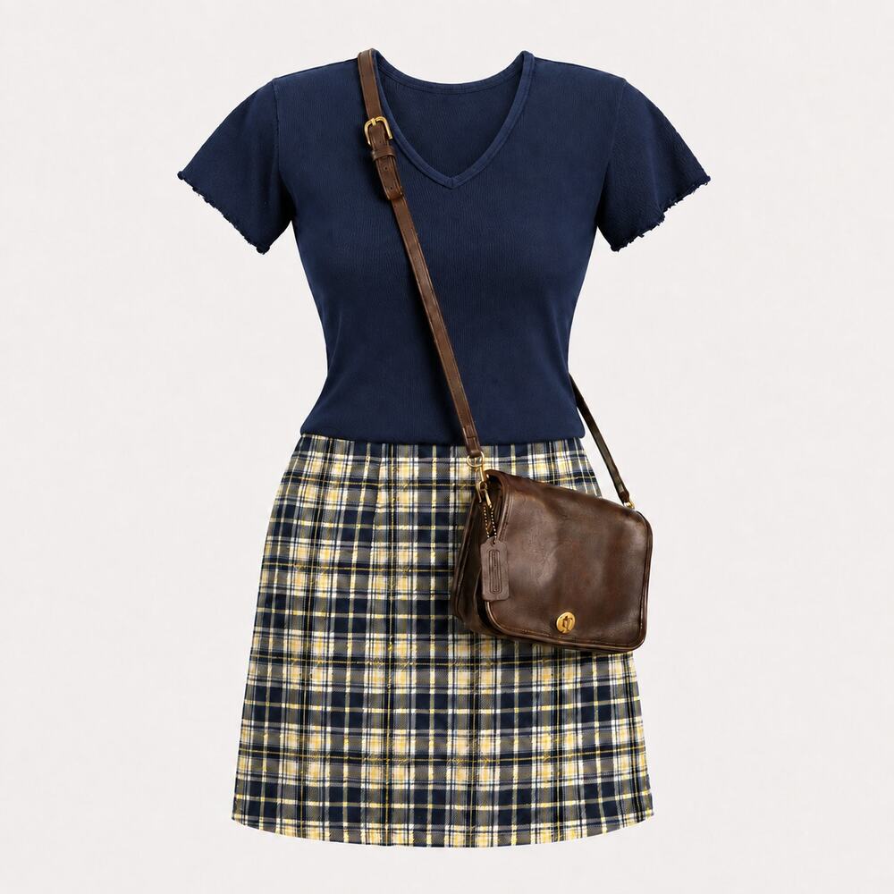 Vintage Y2K Gap Plaid Tucked-Waist A-Line Mini Skirt Size 8 Navy Yellow